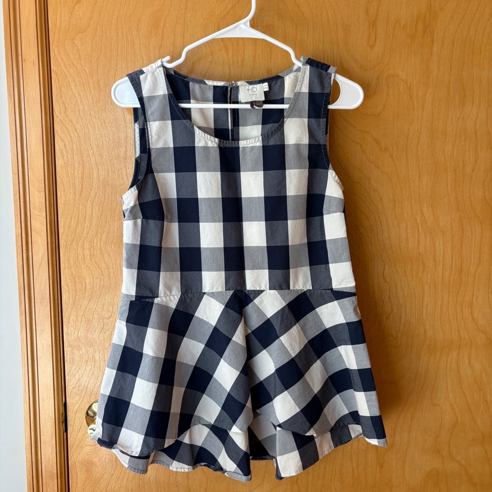 HD in Paris Peplum Top Women Size 10 Navy Blue Gingham Buffalo Check Sleeveless